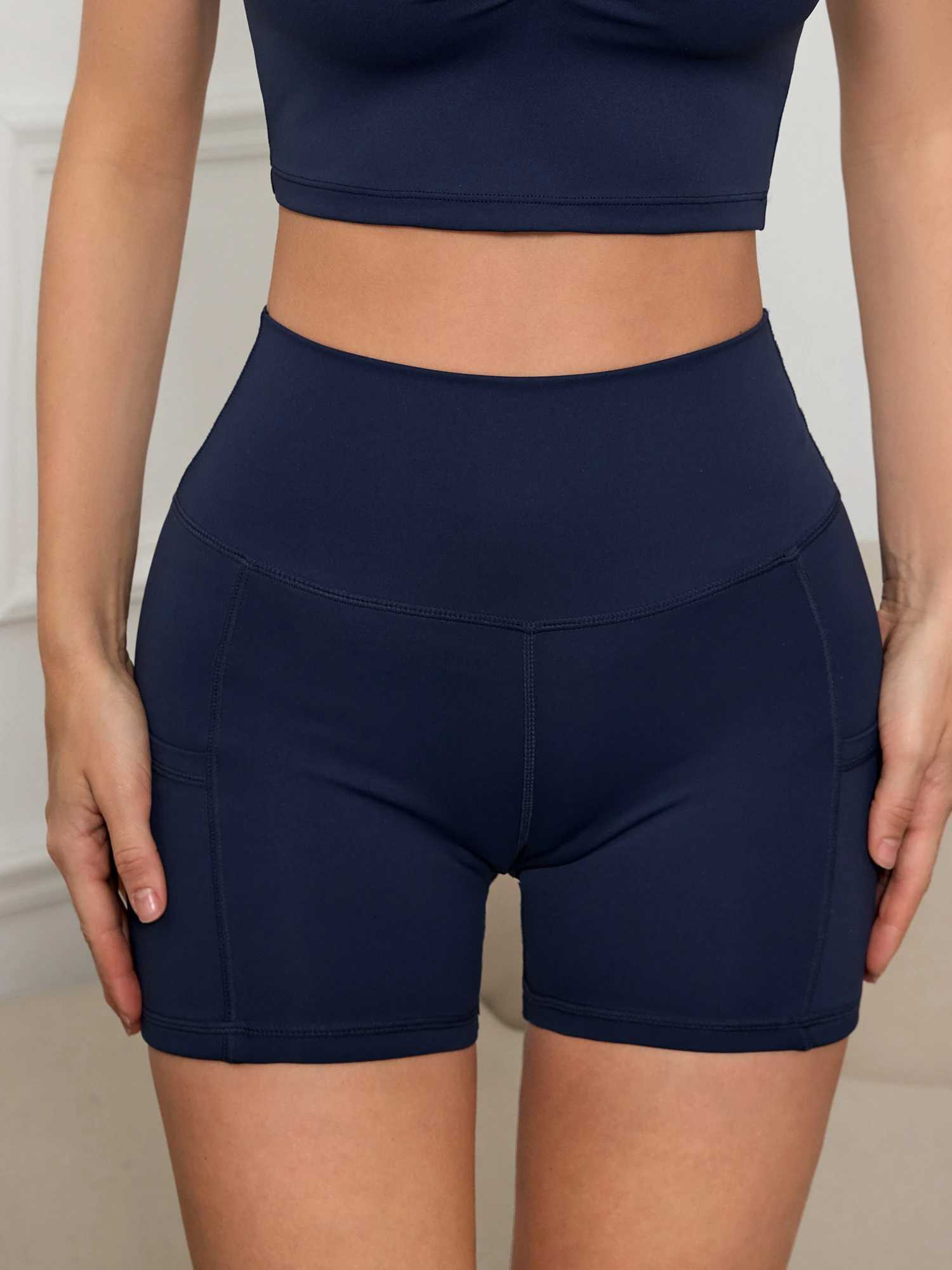 Wick Yoga Bike Shorts High Waist Solid Color Sports Shorts with Pockets Womens Sportswear Y250412