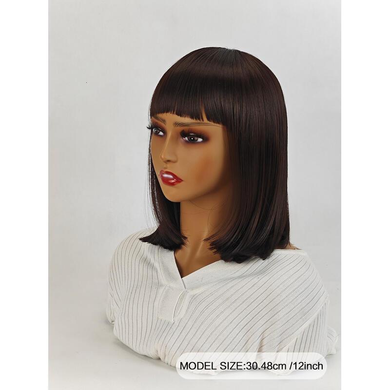 12 Inch Medium Brown Short Bob With Bangs Light Yaki Straight Blunt Cut Glueless Realistic Look Daily Costume Wig For Women Synthetic Heat Resistant H