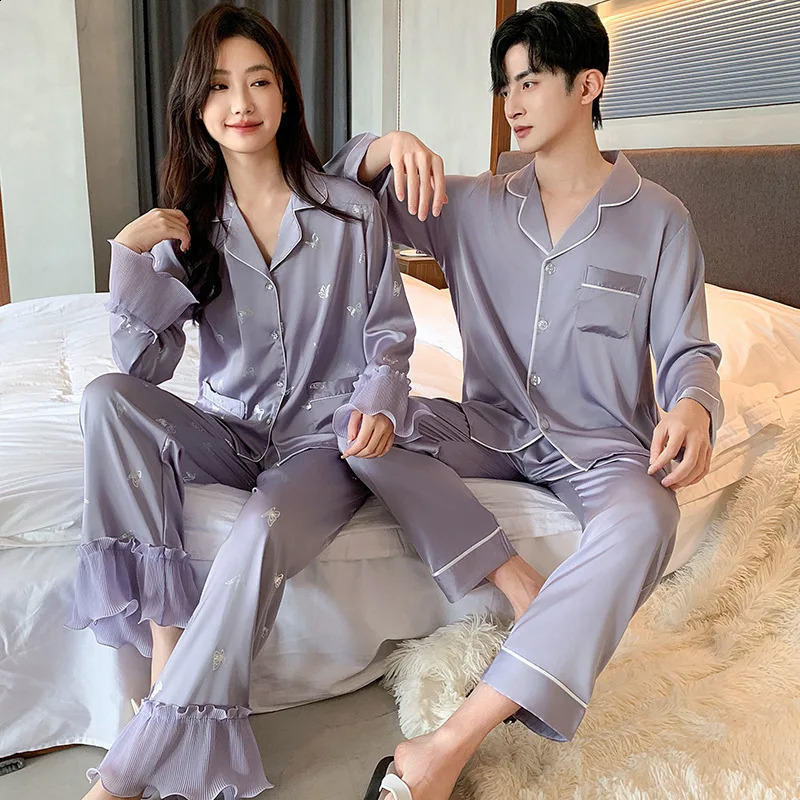 Couple Pajamas Suit Spring Autumn Satin Ice Silk High-end Sleepwear Men Summer Classic Loungewear Thin Homewear Women 250411