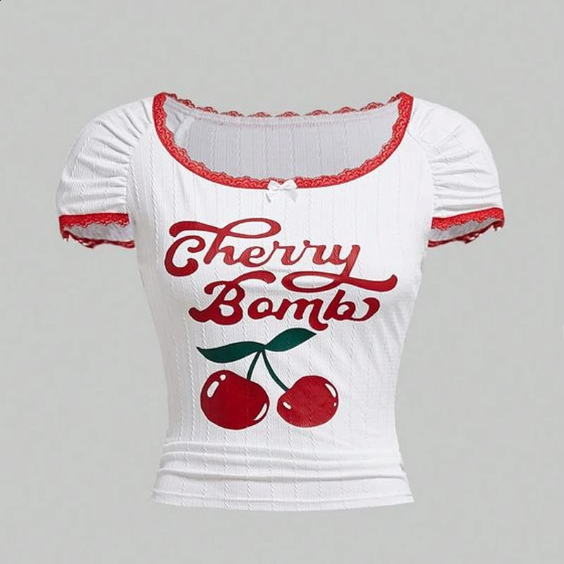Y2k Cute Lace Decorative Short Sleeve Womens Tailored Top Korean Fashion Slimming T-shirt Cherry Print Tight corset Basic T-shirt 250410