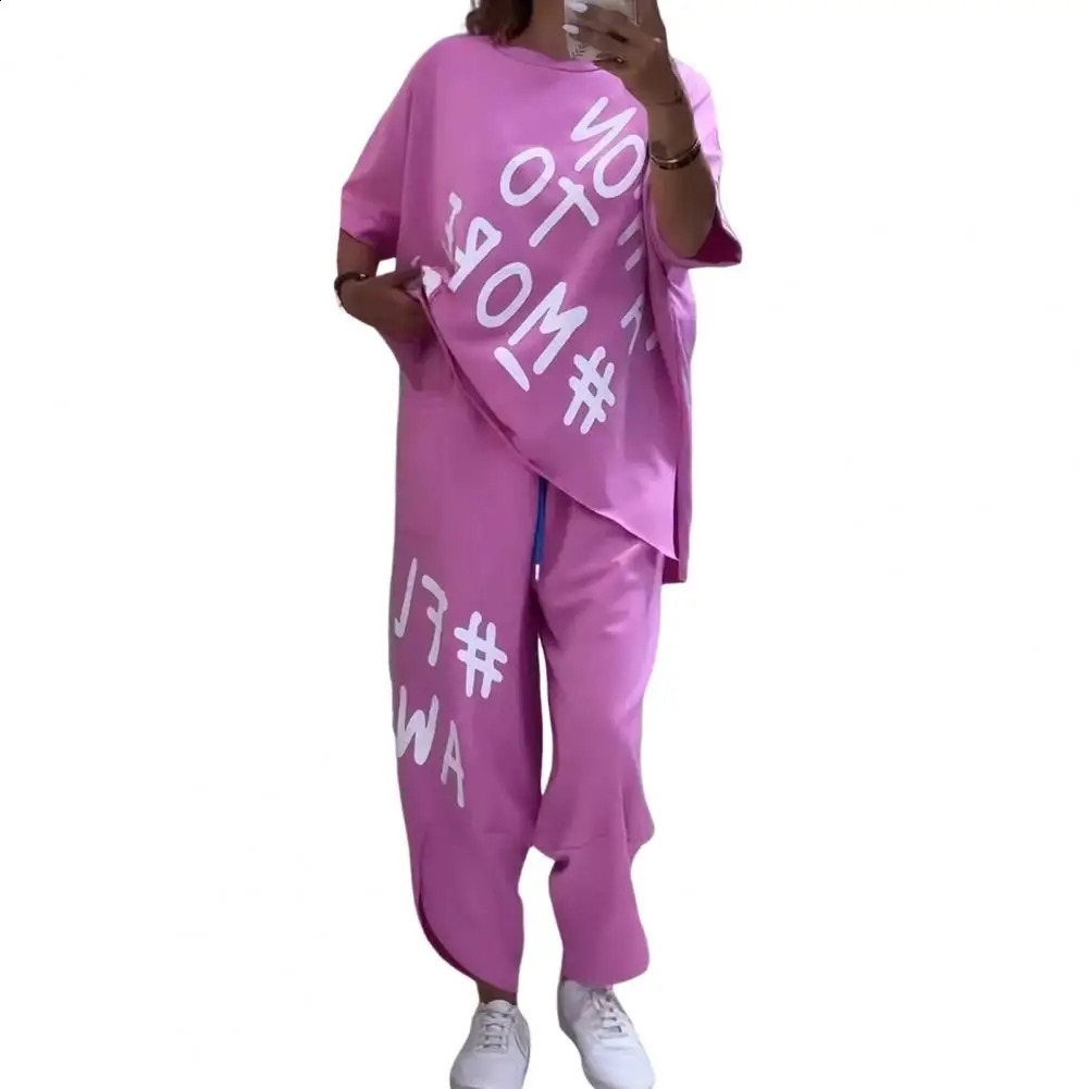 Summer Fashion Sporty Style Two Piece Set Women Casual Letter Print Tshirt Drawstring Sports Pants Two Piece Set Women 250411