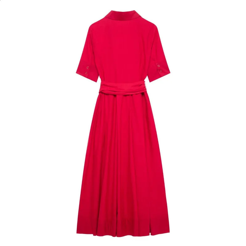 Wxw4809 Red Belt Aline Casual Shirt Womens Short Sleeve Ultra Thin High Waist Folded Midi Dress Polo Neck Spring 250411