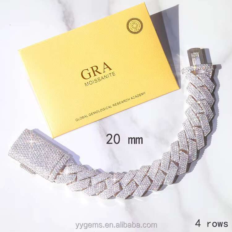 Yy Rts 20 mm 4rows Diamond Cuban Bracelet 2 Tones Plate Iced Out Moissanite Bracelets 925 Silver Fine Jewelry Bracelets for Men