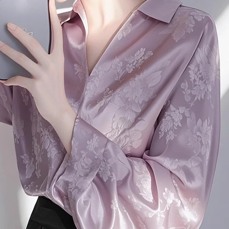 Womens Long Sleeve Shirt Purple Satin Jacquard Pullover Spring Autumn Loose Blouses Shirt Fashion Blouse Unique Beautiful 250411