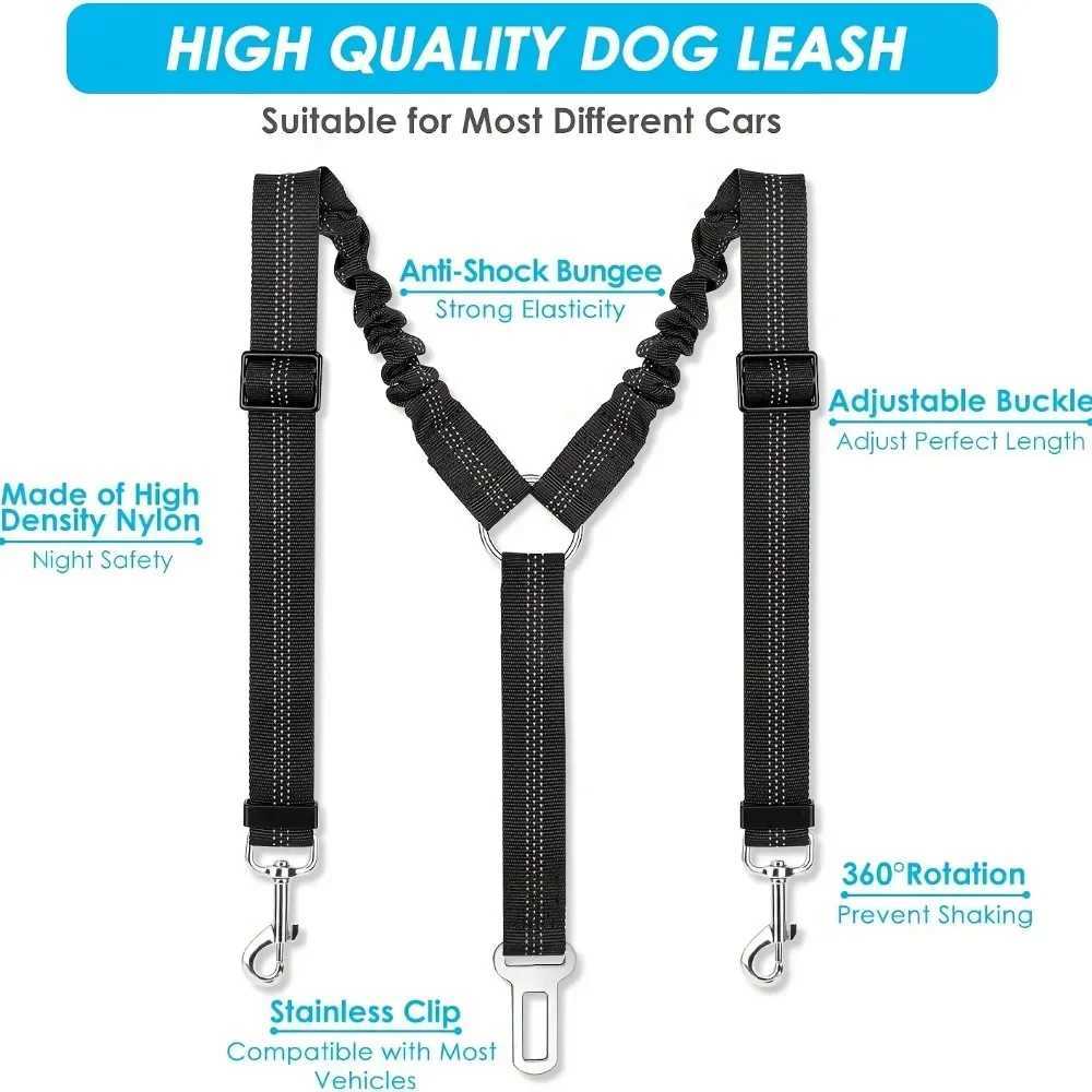 Double dog seat belt with adjustable elastic car seat belt equipped with impact reflective dog car restraint suitable for pet seat belts Y250412