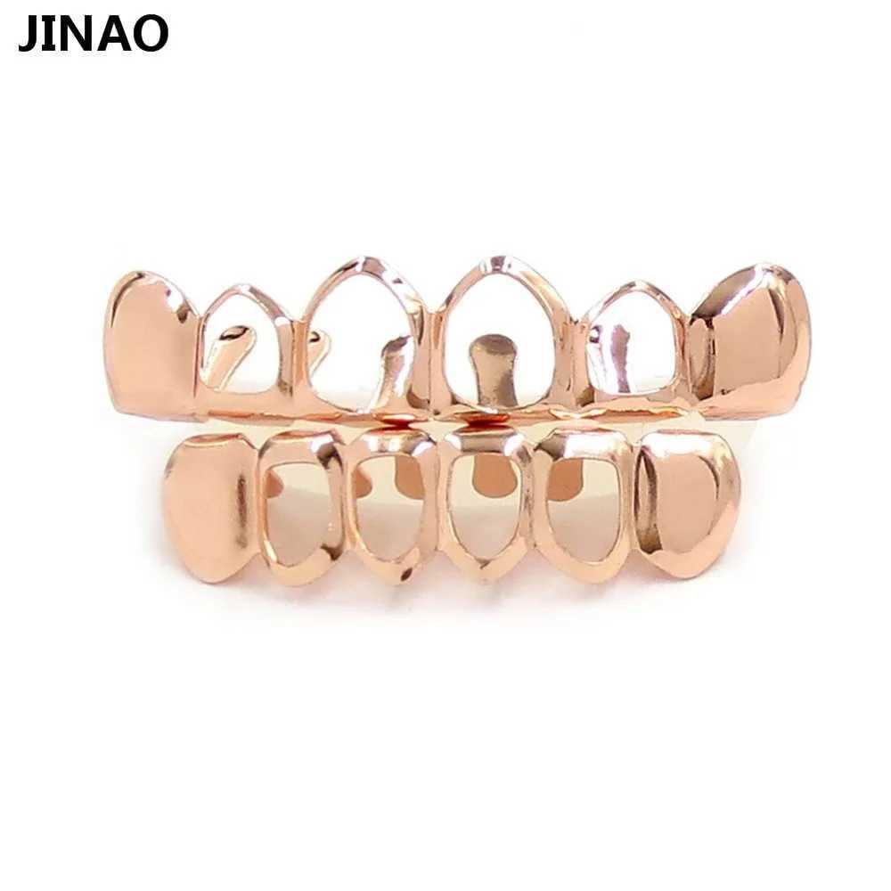 JINAO New Fit Pure Gold Galvanized Teeth Grill Four Hollow Open Face Grill Cover Top and Bottom Grill Set Gift W250412