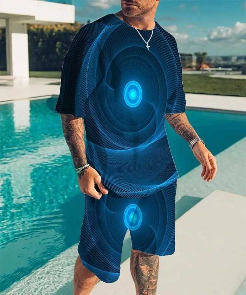 2024 new mens round neck T-shirt set with printed optical illusion pattern T-shirt two-piece set fashionable mens summer T-shirt setXJ250412