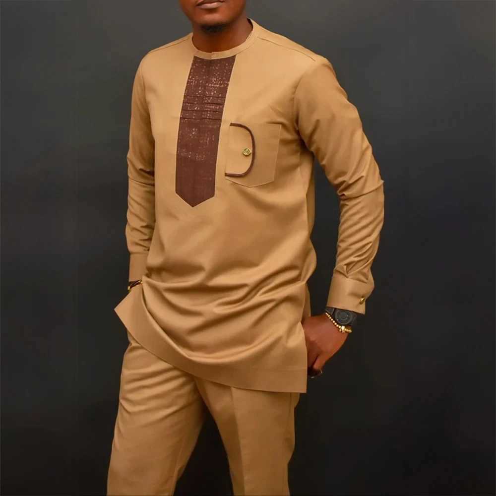 2025 mens elegant long sleeved suit shirt pants 2-piece round neck splicing solid color party long sleeved African ethnic styleXJ250412