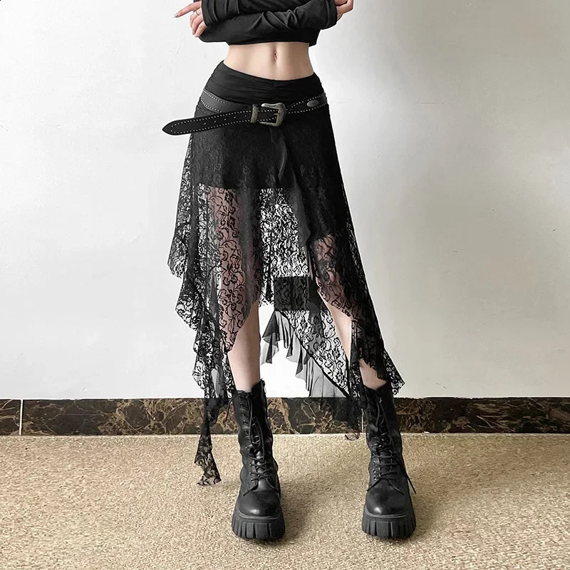 Y2K Goth Dark Irregular Hem Lace Patchwork Mid Skirts Women Streetwear Fairy Slim Pleat A-line Skirt Mall Goth Fashion Bottoms 250411