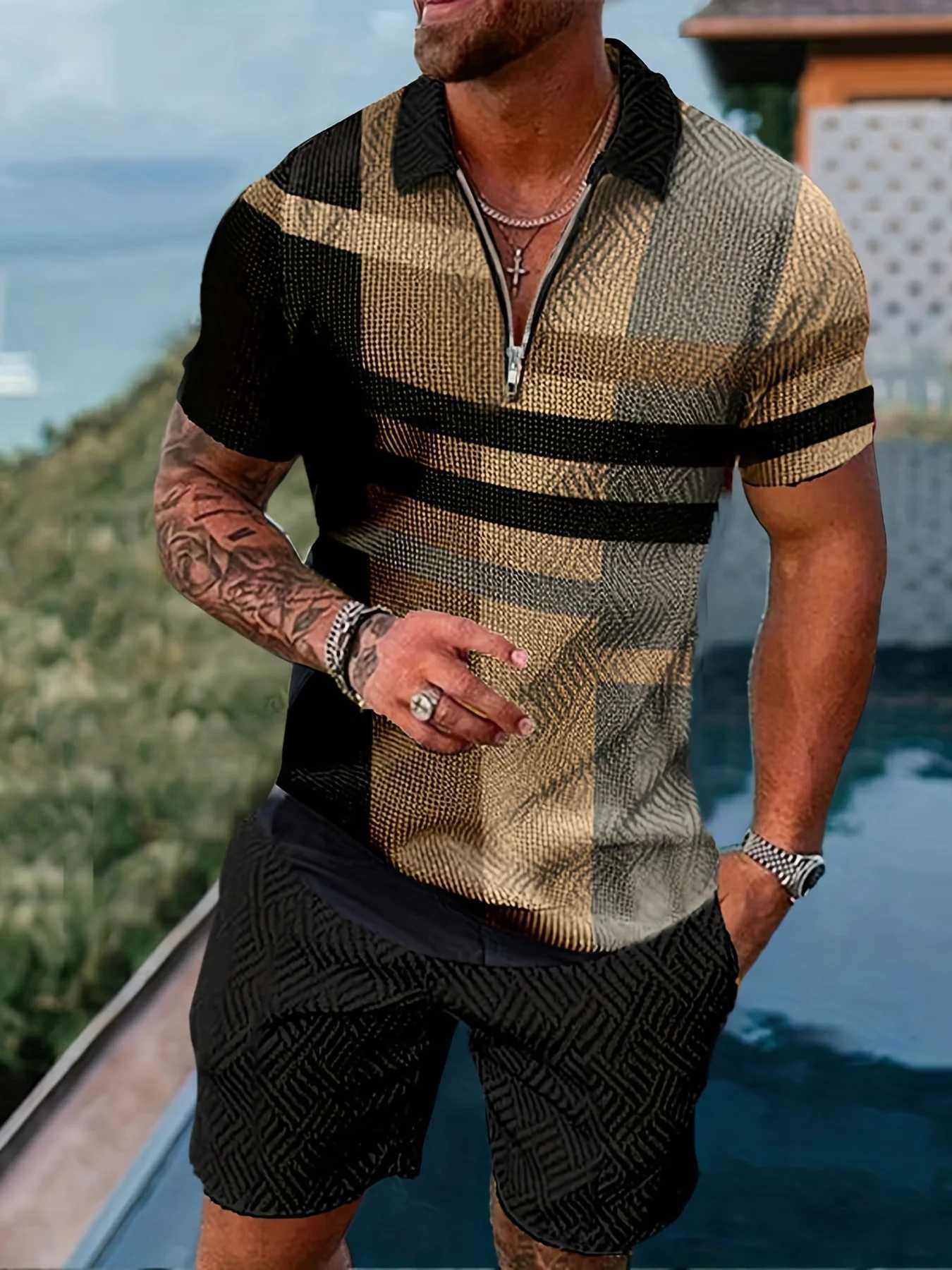 Summer new mens sportswear 3D printed short sleeved zipper polo shirt 2-piece set for mens oversized streetwearXJ250412