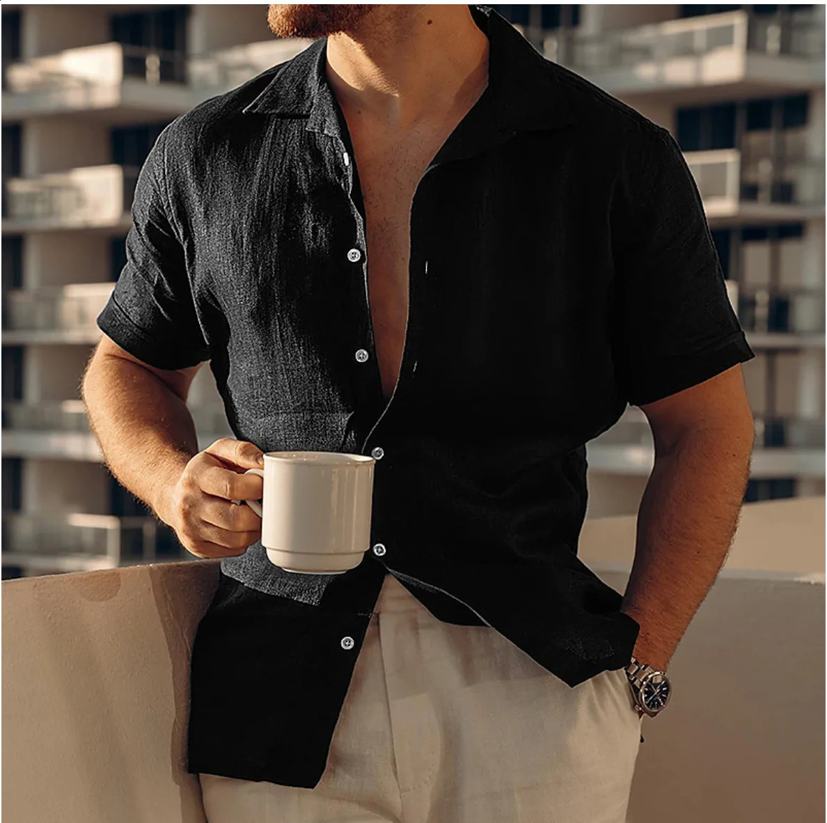 Mens Summer Beach Shirt Short Sleeve Linen Button Solid Color Casual Single-breasted Shirt Plain Color Lapel Casual 250411