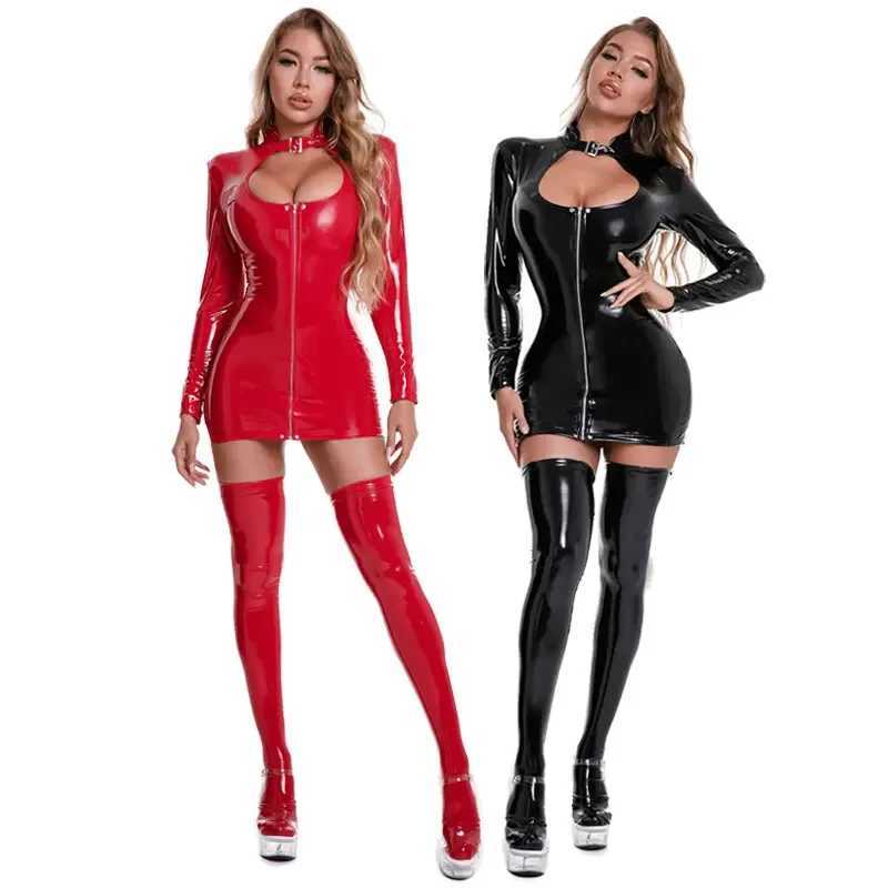 Womens shiny long sleeved leather dress erotic zipper open crotch latex sheath bag buttocks skin sexy bottom with exposed erotic breasts W250412
