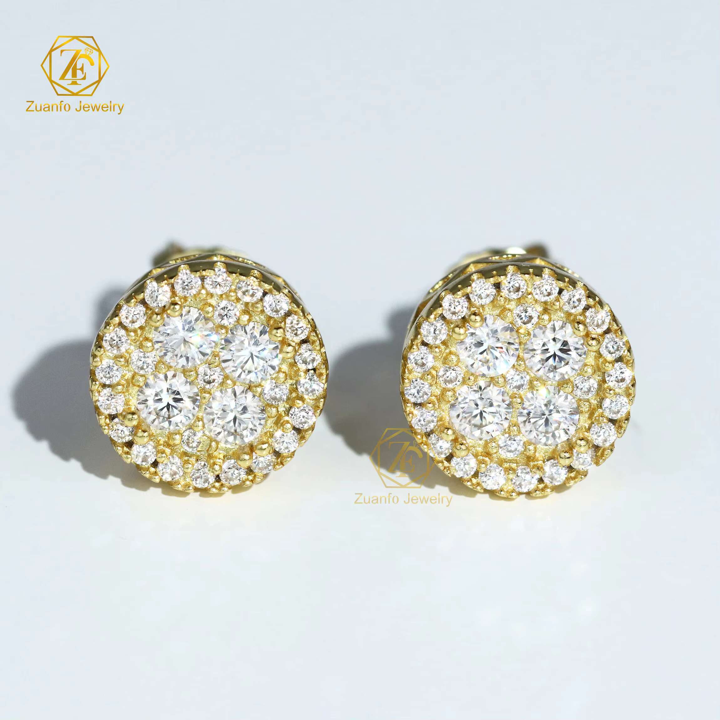 Factory Price Unisex 18K Gold Plated 925 Silver Hiphop Stud Earrings GRA Certified Moissanite Cluster Earrings Screw Back