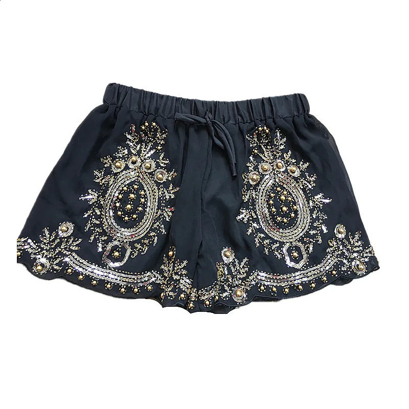 Sidaimi Women Summer Chiffon Shorts Floral Beading Wide Leg Shorts Sequined Bling Vocation Shorts Capris Female 250411