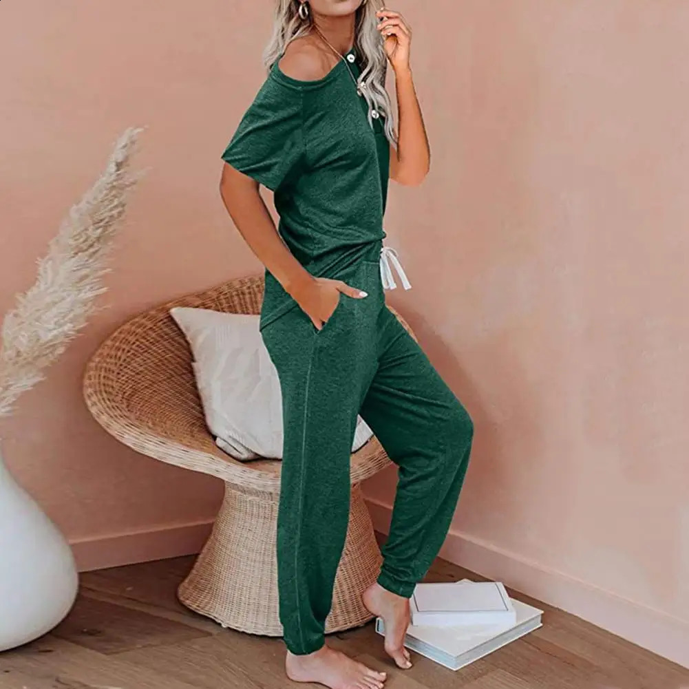 2 Pcs/Set Women Summer Tracksuit Buttons Short Sleeves Loose Elastic Waist Drawstring Sports Pullover Pockets V Neck T-shirt Tro 250411