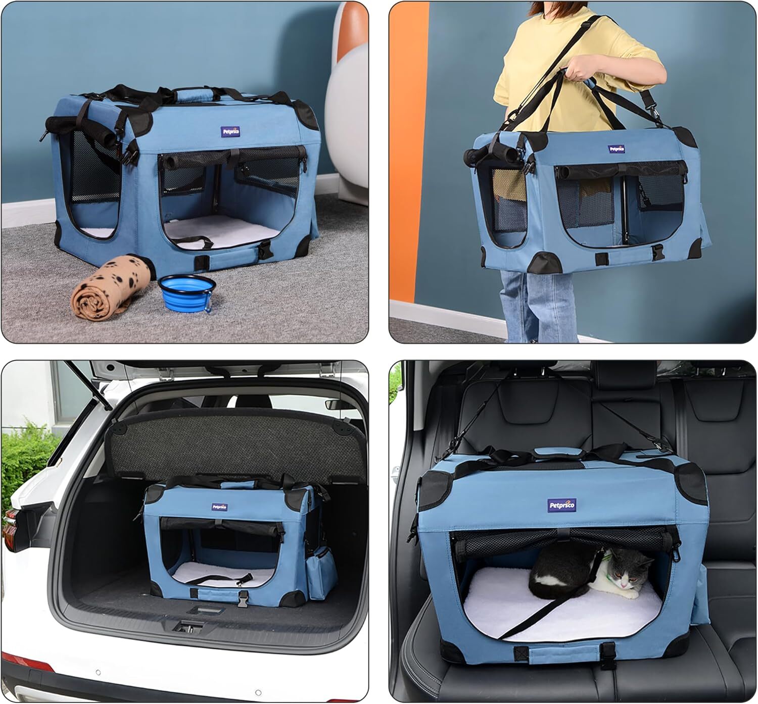Petprsco portable foldable dog case, travel dog case 60.96 x 43.18 cm, with soft warm blanket and foldable bowl, suitable for large cats and small dog