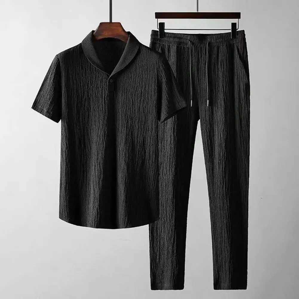2-piece/set summer mens elastic waistband pleated casual mens short sleeved pants set mens clothingXJ250412