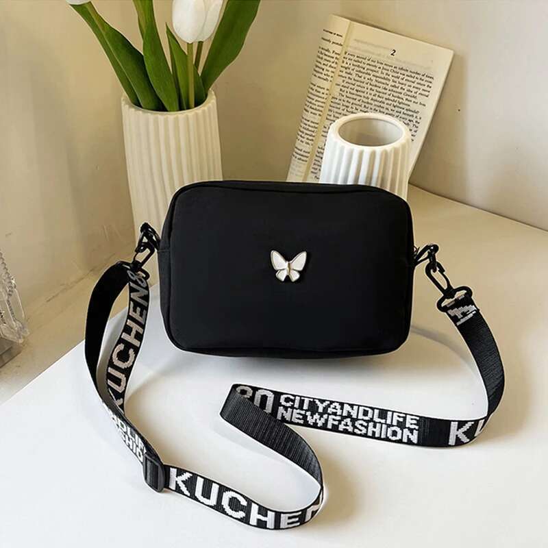 Black&white Shoulder Durable Butterly Nylon Wide Belt Crossbody Casual Small Sqaure Bag For Women