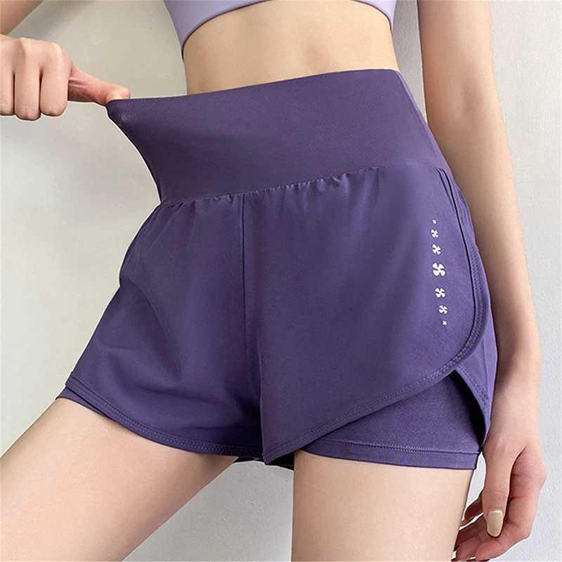 Womens high waisted sports shorts yoga tennis running Pilates bottom tight pockets fake two-piece sports pants Y250412