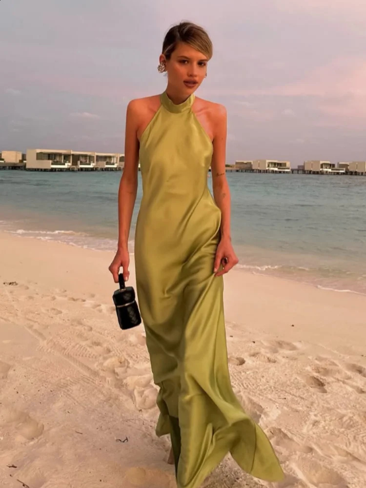 Elegant Green Satin Sleeveless Maxi Dress Chic Stand Neck Lace Up Backless Dresses Female Summer Vacation Beach Vestido 2025 250409