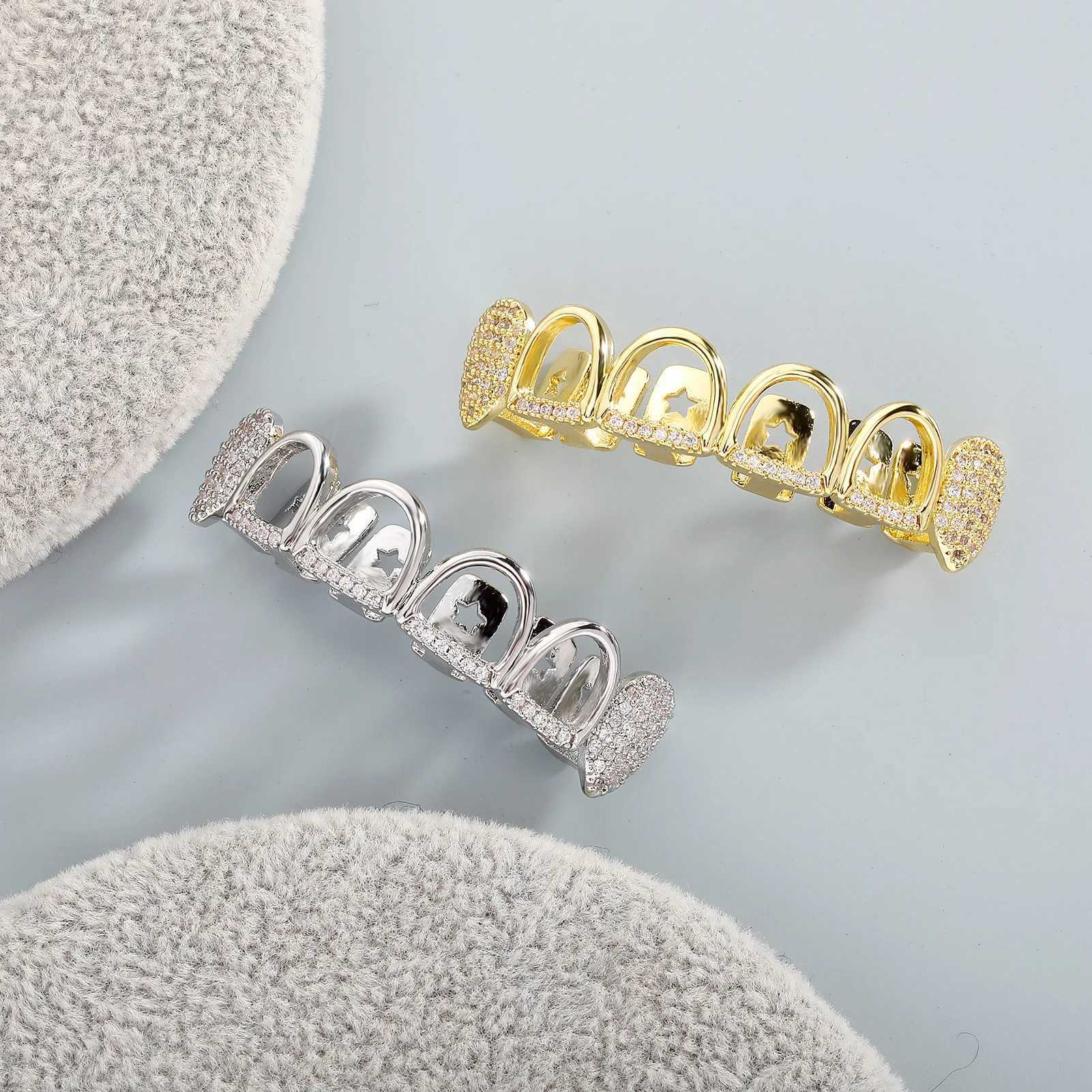 14K gold-plated hip-hop 4/4 hollow zircon teeth Grilz suitable for women and men CZ stone tooth cap body jewelry star tooth sheath W250412