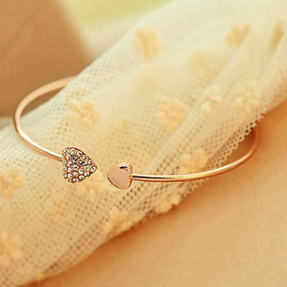 2019 Hot New Fashion Adjustable Crystal Double Heart Bow Bilezik Cuff Opening Bracelet For Women Jewelry Gift Mujer PulserasC250411