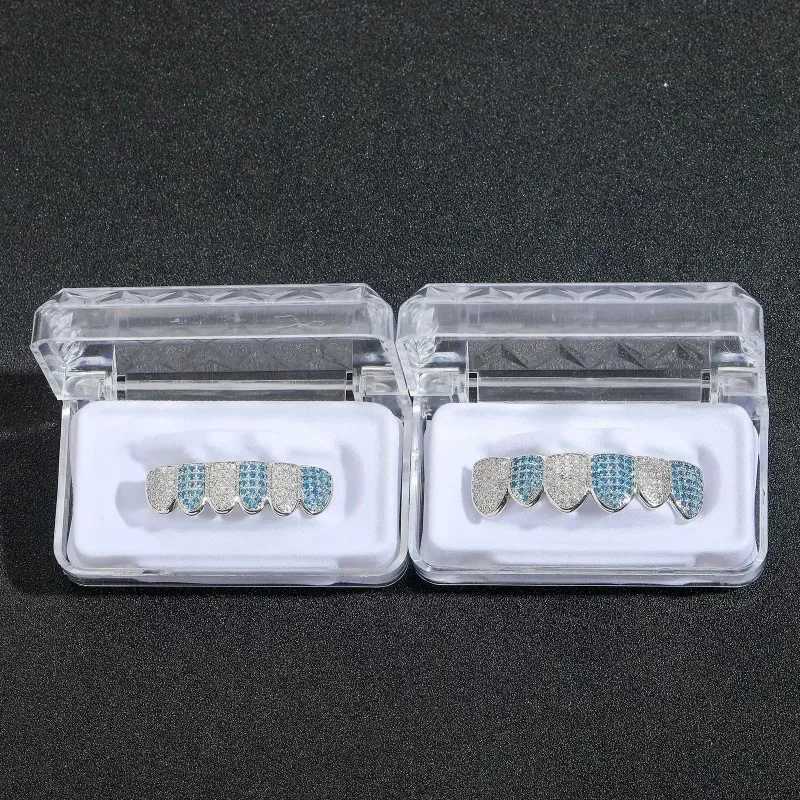 HipHop CZ Tooth Set Neutral Blue Zircon Top Bottom Gold Silver Tooth Cap Removable Teeth Fashion Jewelry W250412