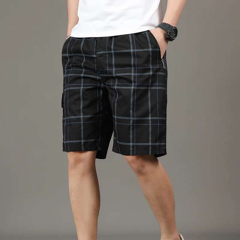 Summer Clothing Men's Solid Color Zipper Pockets High Waist Elastic Straight Cargo Knee Pants Boyfriend Office Lady Shorts