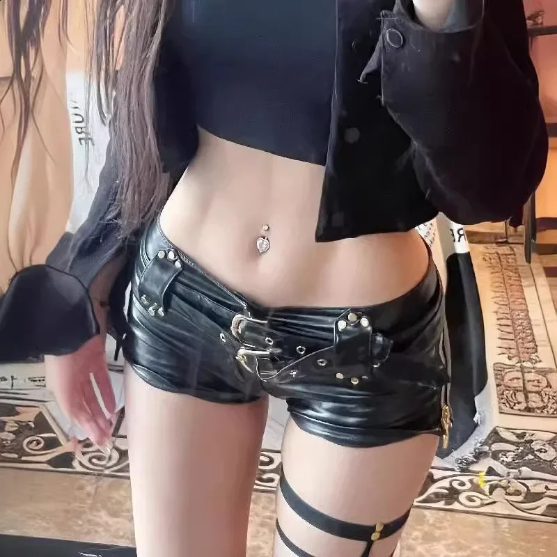 Vintage Nightclub Sexy Low Waist Pu Leather Belt Ultra Shorts Boots Womens Fashionable Versatile Female Dressing Shorts 250409
