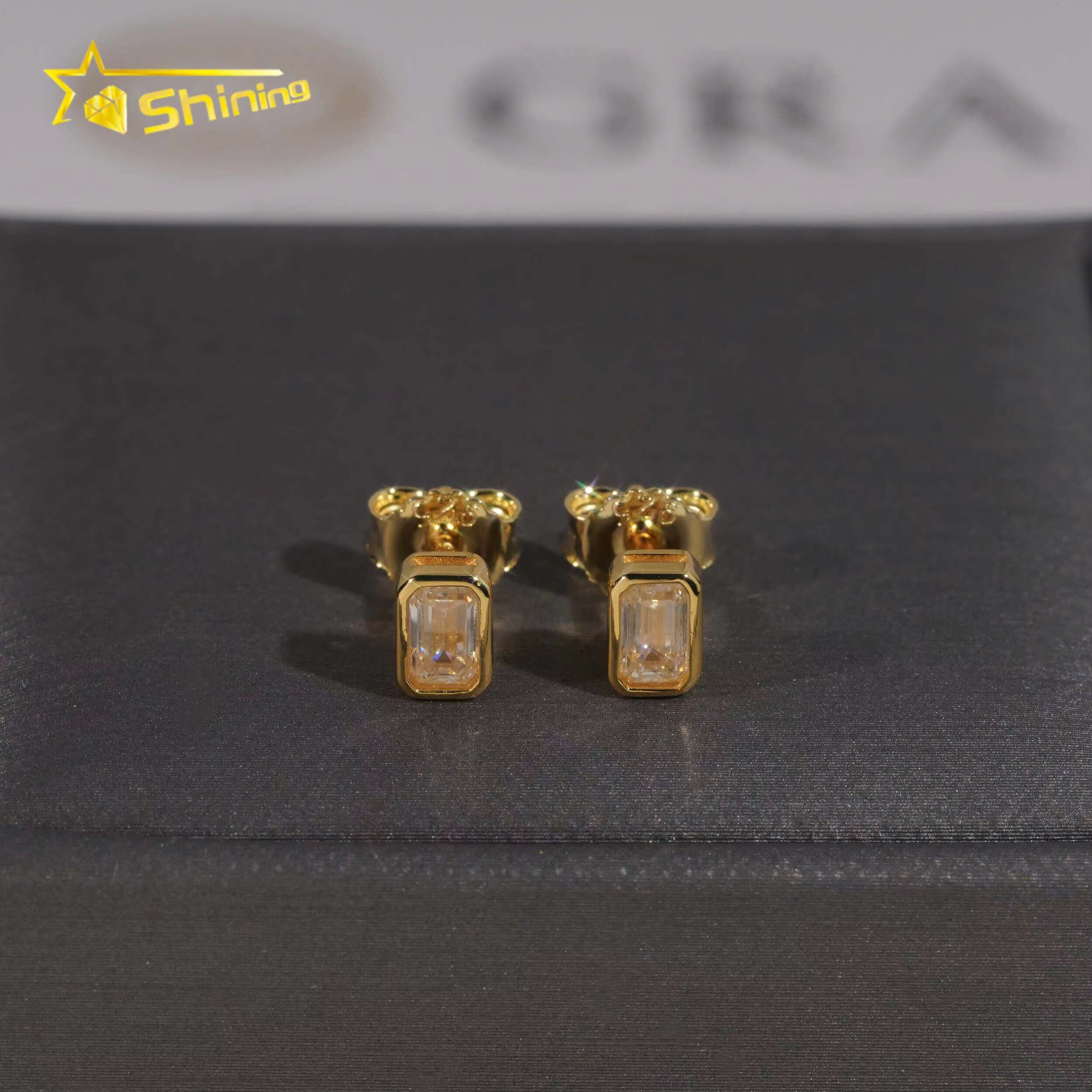 New Arrival Hip Hop Gold Plated Bezel Setting Emerald Cut Moissanite 925 Silver VVS Diamond Earrings