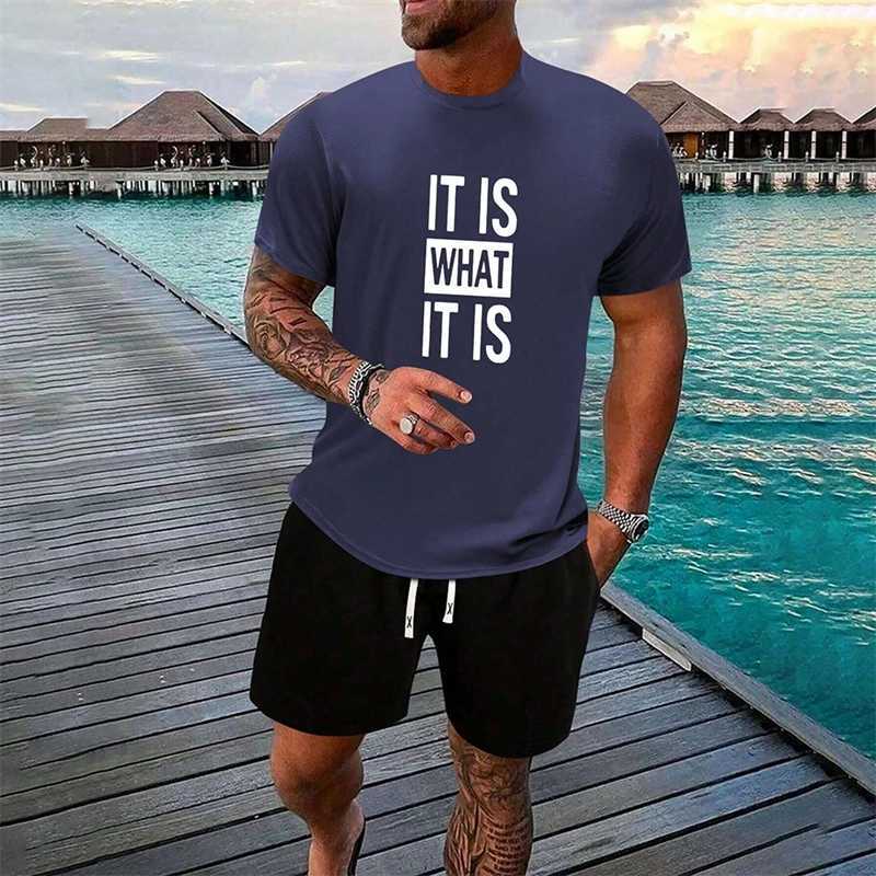 Simple cross print summer casual short sleeved set T-shirt color round neck short sleeved mens 2-piece setXJ250412