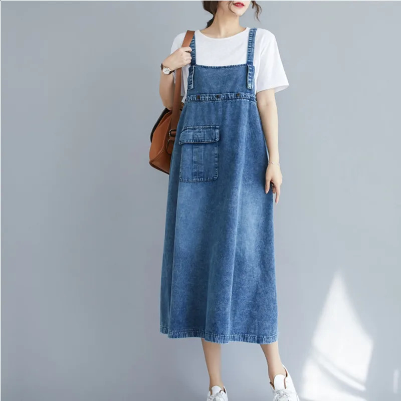 Wxw2107 summer full set spaghetti strap dress retro sleeveless denim loose Aline Midi with pockets 250411
