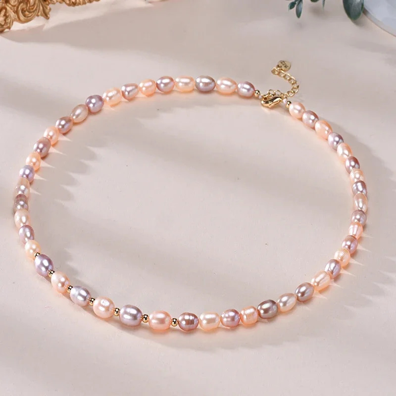 HENGSHENG 6-7mm Rice Shape Freshwater White Pink Purple Mixed Color Pearl Necklace 925 Sterling Silver Jewelry for Women Girls 250407