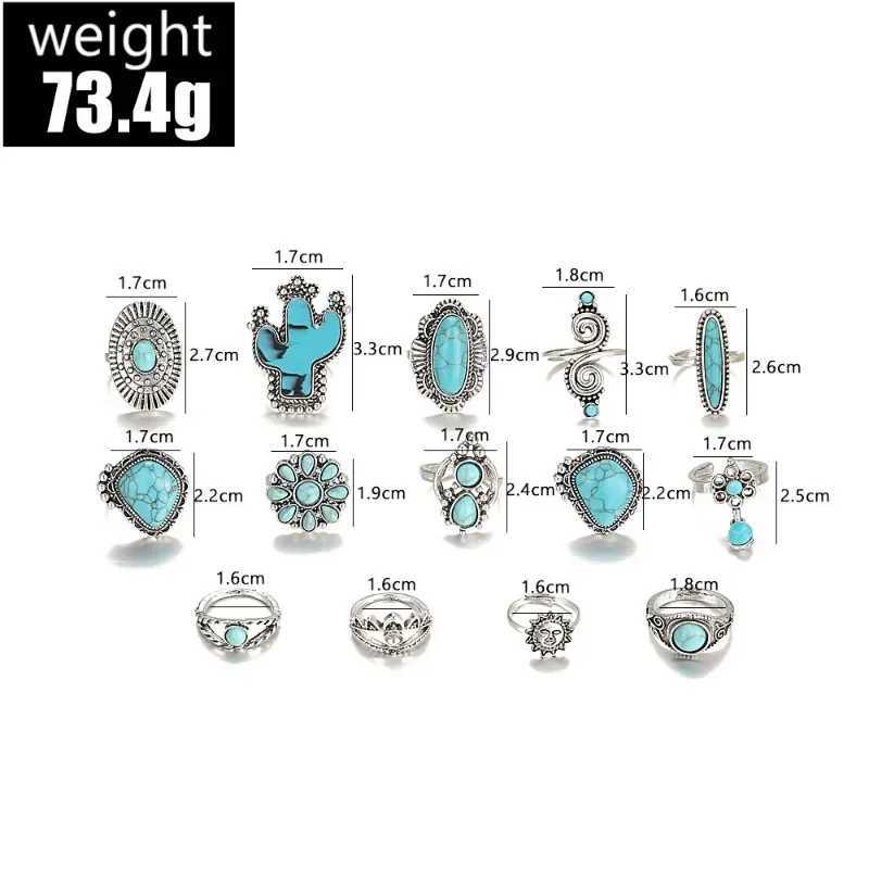14 pieces/set Bohemian turquoise geometric ring womens retro version fashionable cactus carved natural stone ring jewelry set newXJ250412