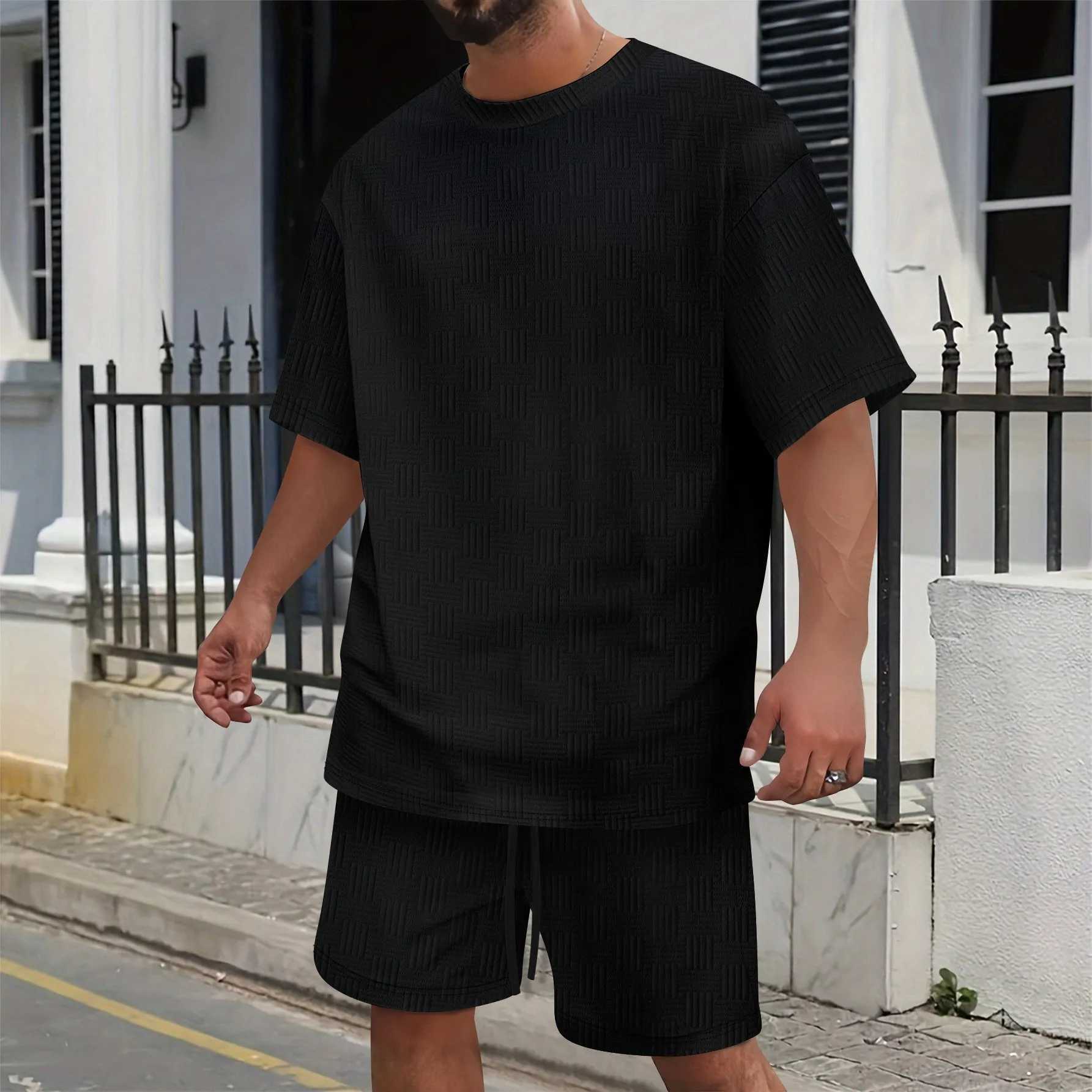 2015 Summer Mens Casual Set Solid Color Jacquard Round Neck Fashion Full Match Short Sleeve T-shirt Brushed Shorts SetXJ250412