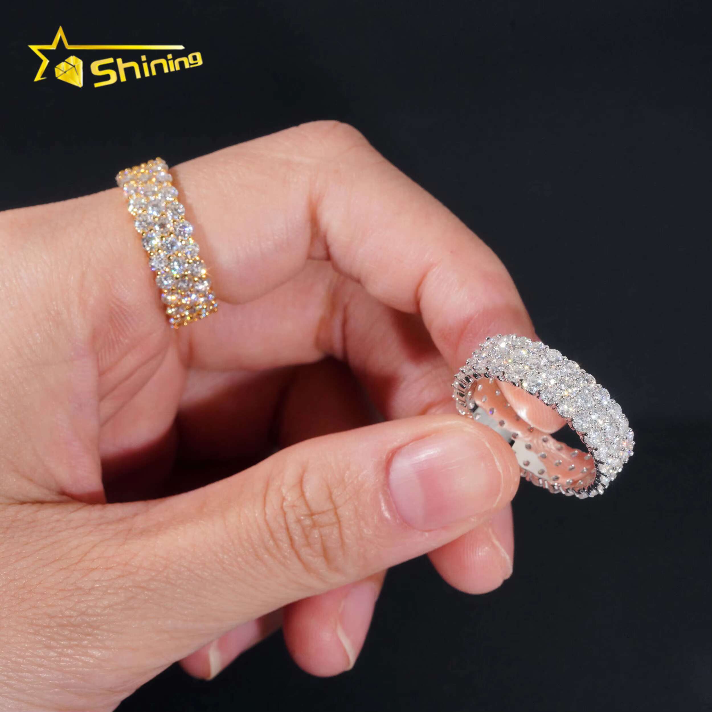 Fine Jewelry Men Hip Hop Ring Pass Diamond Tester 925 Silver Gold Plated 3 Rows VVS Iced Out Moissanite Diamond Ring