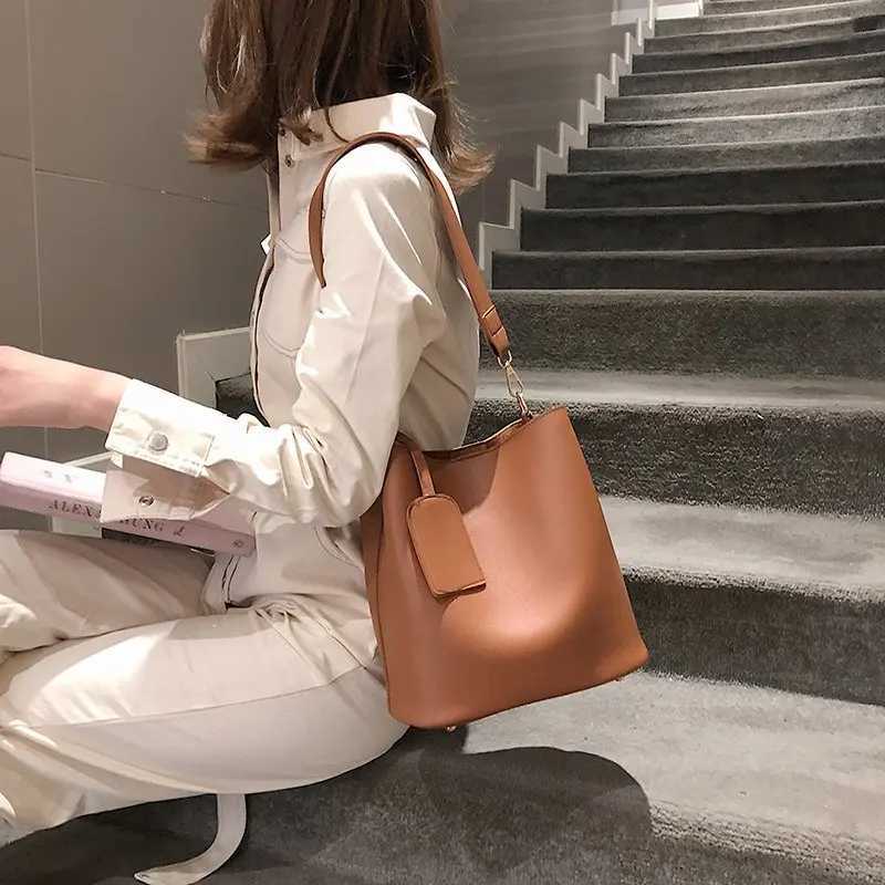 2-piece/set Fi designer Pu leather womens handbag good casual womens handbag womens black bucket womens shoulder cross body bagXJ250412