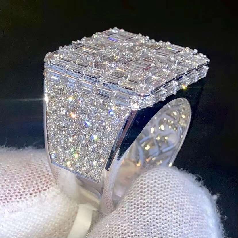 Hip Hop Fine Jewelry Ring Iced Out VVS Baguette Moissanite Diamond Silver or 10K 14K Real Gold Rings