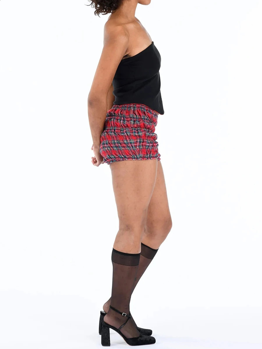 Womens Summer Plaid Print Lounge Shorts Low Rise Frill Tiered Slim Short Pants Female Kawaii Lolita Pajamas Bottoms Loungewear 250409