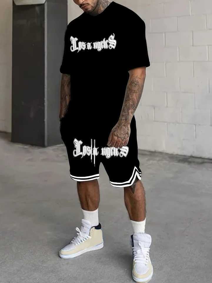 Los Angeles Xin Mens Casual Set Round Neck Short Sleeve Drawstring Short Sleeve Suitable for Daily Outdoor Sports in SummerXJ250412