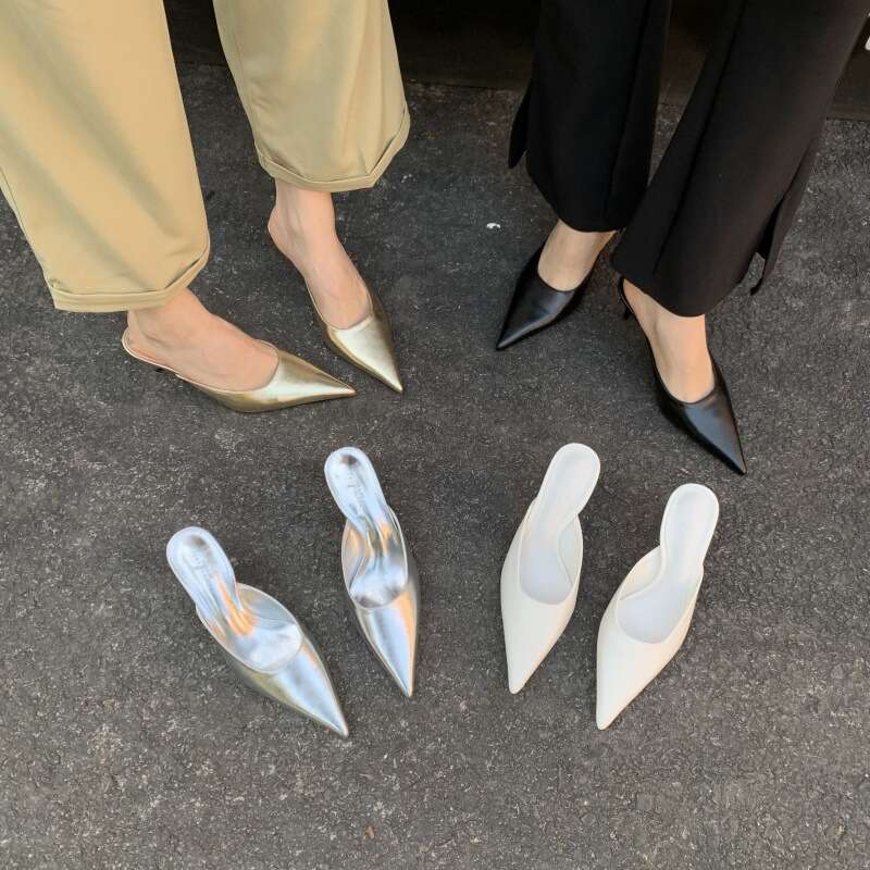 2025 Spring/Summer New Pointed Heel Fashion with Back Headless and Empty Sandals, Thin High Heels, Half Dragged Women's Shoes