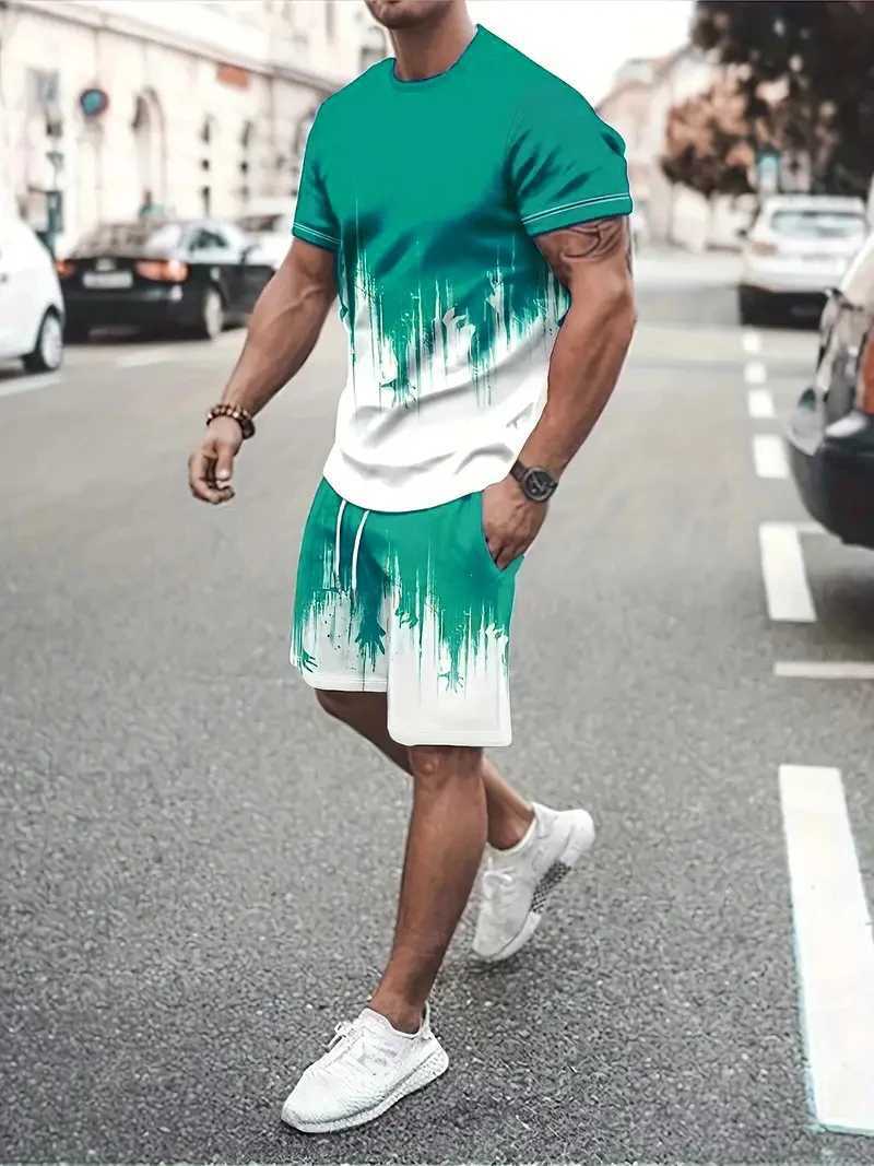 Fashion tie dye pattern mens two-piece summer 3D printed short sleeved T-shirt and short street trend mens set 6XL largeXJ250412