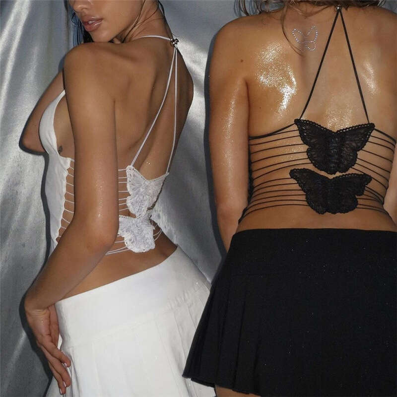 Women's Wear Women's Spring/Summer New Sexy Spicy Girl Style Butterfly Tie Up Mesh Open Back Tight Inner Layup Small Sling