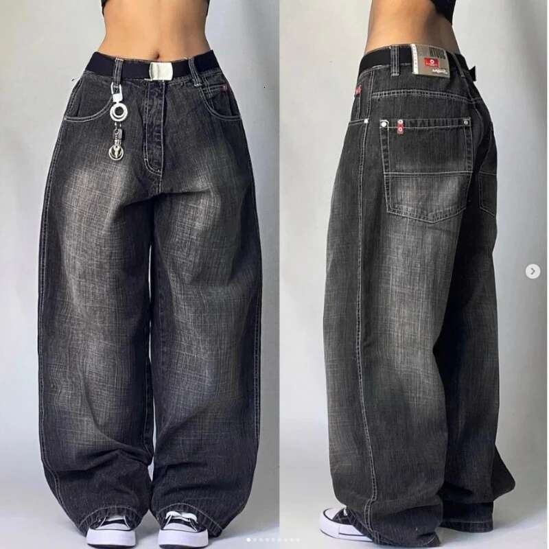 2024 New American Haruku Retro Straight High Waist Y2K Street Style Women Washed Blue Pockets Baggy Jeans Gothic Wide Pants