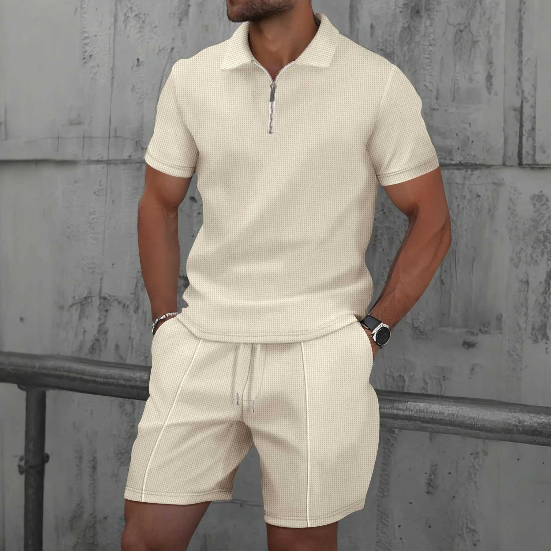 2025 Mens European and American New Summer Waffle Solid Color Zipper Collar Short Sleeve Set Two SetsXJ250412
