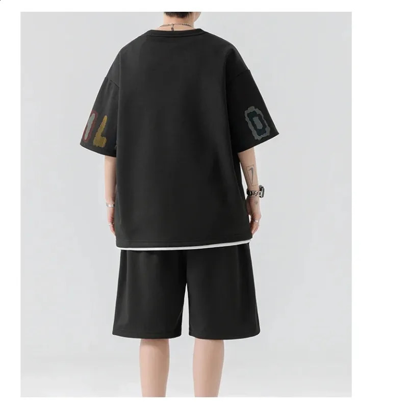 Summer mens track and field suit set oversized streetwear letter printed T-shirt shorts 2-piece set hip-hop rock casual short jacket 250411