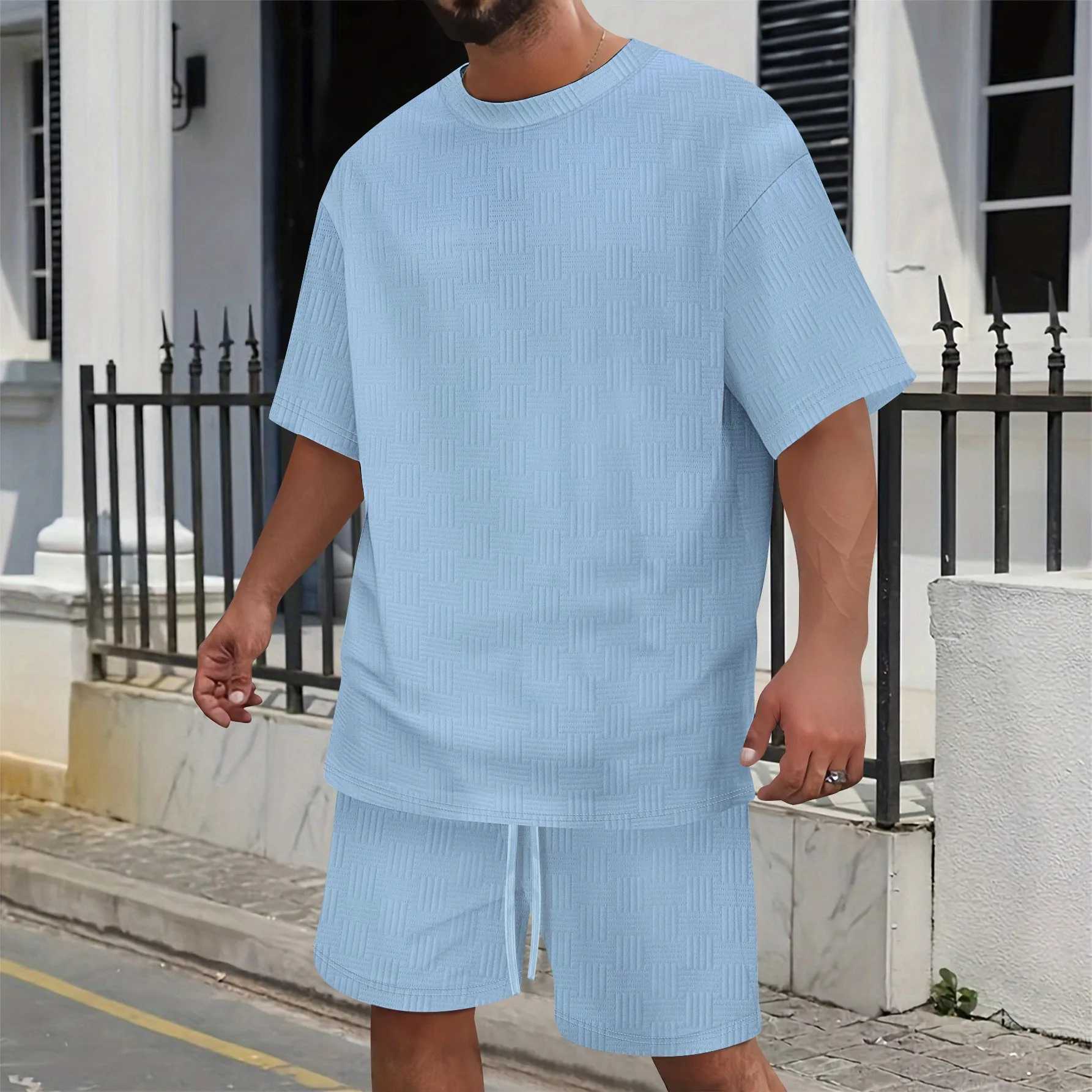 2015 Summer Mens Casual Set Solid Color Jacquard Round Neck Fashion Full Match Short Sleeve T-shirt Brushed Shorts SetXJ250412