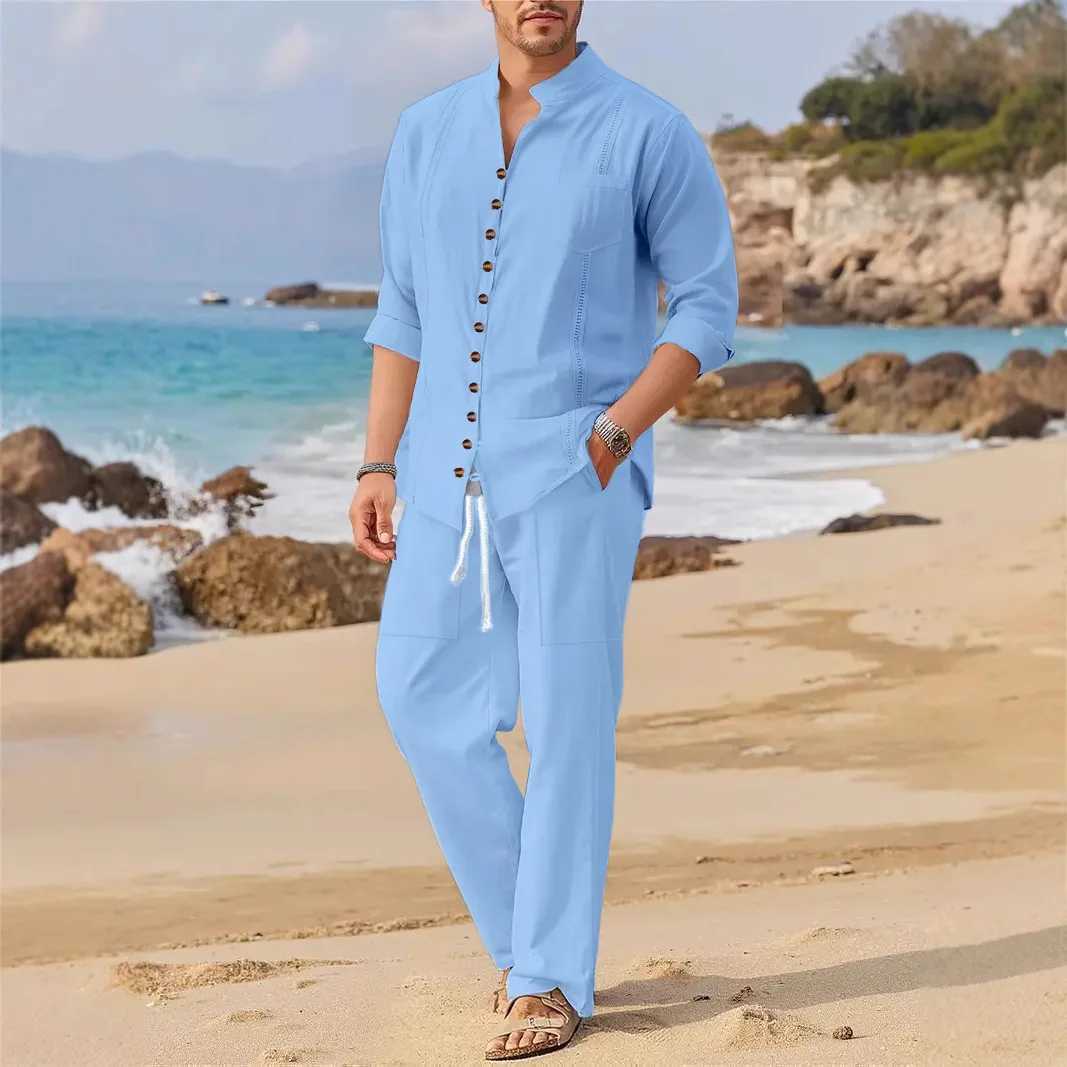 2025 Spring/Summer New European and American Mens 100% Cotton Casual Loose Long Sleeve Mens Beach SetXJ250412