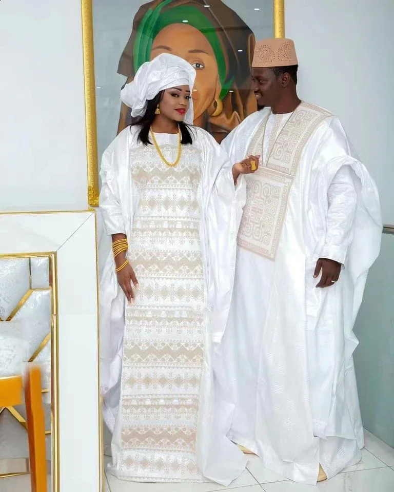 African couple dress traditional Bazaine ed floor length with scarf 250411