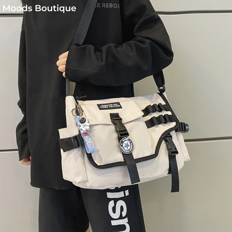 Neutral nylon fabric messenger bag with multiple pockets large capacity shoulder shopping bag student backpack womens handbag 250411